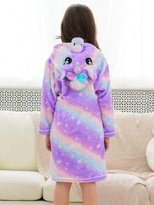 Young Girls' Bright Purple Starry Unicorn Bathrobe - Multicolor - View 2