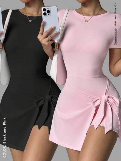 2 piezas Conjunto de vestido deportivo de mujer para yoga, running, pilates, commute, citas, playa, uso diario, elástico, sexy, cómodo, de manga corta, sin espalda, control de abdomen, levantamiento y moldeado, cintura ajustada, vigor juvenil