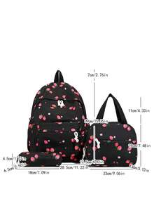 三件套时尚草莓印花书包套装，包含书包、午餐包和铅笔盒，带笔记本电脑隔层、可调节肩带、多口袋大容量多功能书包套装，适合女生/青少年/大学生/毕业生日常使用/度假/旅行/返校 - 黑色 - 查看 3