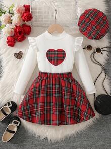 3pcs Girls Christmas Outfit Set: Long Sleeve Plaid Heart Pattern Top, Matching Skirt, And Hat, Suitable For Spring/Autumn - White - View 1
