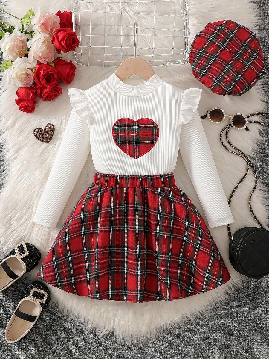 3pcs Girls Christmas Outfit Set: Long Sleeve Plaid Heart Pattern Top, Matching Skirt, And Hat, Suitable For Spring/Autumn - White - View 1
