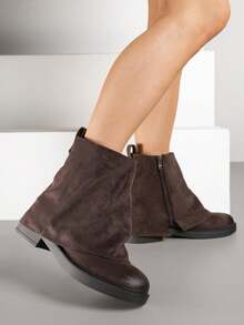 仿麂皮翻边踝靴 - 棕色 - 查看 1