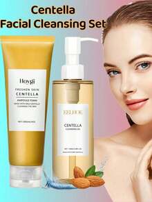 3套亚洲积雪草护肤套装，100ml洁面油，120g洗面奶，30ml精华，用于清洁毛孔和减少细纹，完美的节日礼物套装