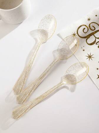 50pcs Disposable Spoons, Fashionable High-End Glitter Transparent Disposable Spoons, Suitable For Various Theme Parties And Daily Use