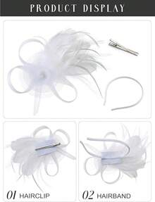 Fascinators Hats Women,Tea Party Fascinator Hair Clip With Feathers Wedding,Derby Hats Headbands - 白色 - 查看 4