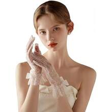Local Shipping 2025 New  Short Lace Mesh Gloves Tulle Border With Pearls Wedding Opera Tea Party Gloves For Women Formal - Ivory-2 - 查看 1
