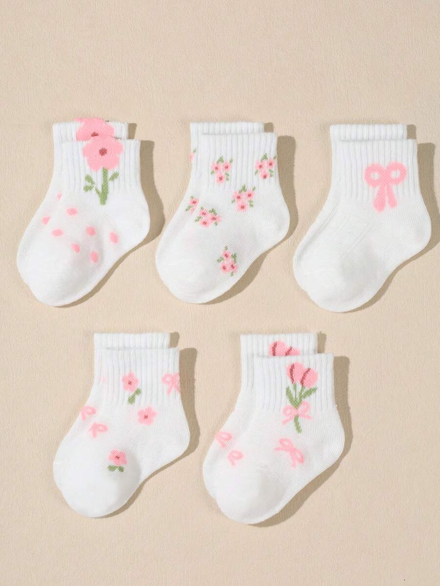 5 Pairs Baby Bow, Polka Dot, Lace Mid-Calf Elastic Socks, White, Autumn/Winter - White - View 1