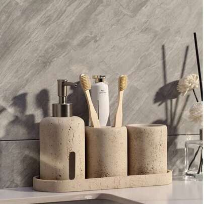 Dispensador de jabón y loción de resina, juego de accesorios de baño, organizador de baño para encimera, dispensador de jabón de mano vacío y soporte para cepillo de dientes, soporte para cepillo de dientes, vaso para enjuague bucal, juego de bandeja, bandeja de tocador para baño