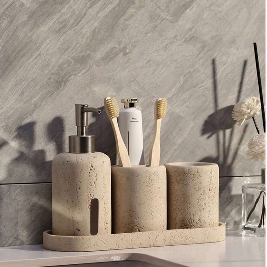 Resin Lotion Soap Dispenser, Bathroom Accessories Set, Bathroom Organizer Countertop, Empty Organizer Hand Soap Dispenser And Toothbrush Holder, Toothbrush Holder, Mouthwash Cup, Tray Set, Vanity Tray For Bathroom