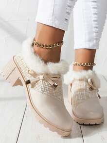 Giày cao gót trang trọng mới thu/đông, giày nữ, giày cao gót đế dày có miếng vá vải tuýt, khối màu đen và nhiều màu, trang trí nơ, giày lười cổ điển, giày lông - Màu be - Xem 6