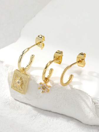 Vintage mysteriöser Stil goldener Ohrringe Set, beinhaltet Oktagramm geprägte quadratische Ohrringe, Schneeflocke Strass Creolen, geflochtene Ohrmanschette, Multi-Element Mix & Match, geeignet für Tarot-Themen Partys, leicht Gothic Outfits, täglichen Lässig Wear