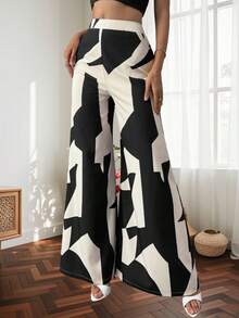 Pantalones anchos con estampado irregular para mujer, diseño versátil, casual y cómodo, estilo de pantalón drapeado moderno y de moda, forma de pierna favorecedora, adecuado para el uso diario. - Blanco - Ver 6