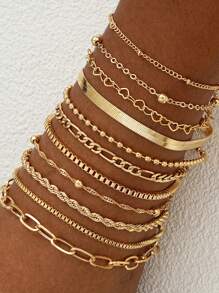 11pcs Simple Heart Beaded Chain Bracelet Set, Unisex Casual Vacation Date Gift, Suitable For Daily, Party Matching - 11 Items - View 5