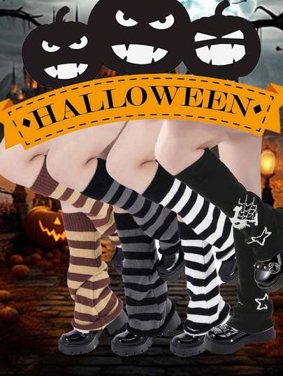 1 Paar Damen Halloween gestreifte Kontrastfarben Beinwärmer, umkehrbarer Gothic-Stil Totenkopf-Design Beinmanschetten, vielseitige Kostüm Beinwärmer Winter Damen