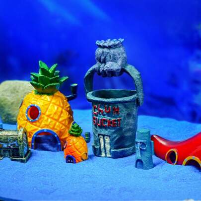 SPONGEBOB 1pc SPONGEBOB Cartoon Fish Tank Deco Figures Ornaments Resin Fish Tank Pineapple House Decoration Cave Barrel Landscape Design Aquarium Accessories