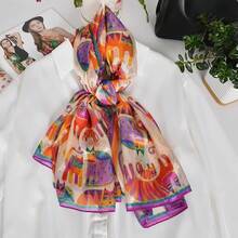 100% Mulberry Silk Scarf For Women Lightweight Long Scarves Beach Wraps Cover Up -Travel Photography Scarfhalloween - 米色橙貓 - 查看 9