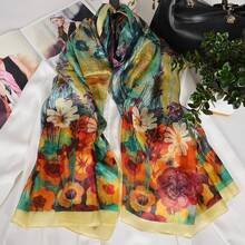 100% Mulberry Silk Scarf For Women Lightweight Long Scarves Beach Wraps Cover Up -Travel Photography Scarfhalloween - 藍綠色花卉 - 查看 5