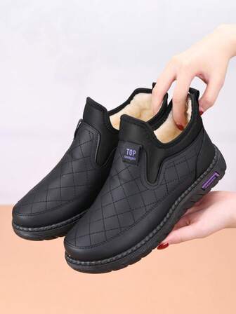 女士冬季雪地靴，保暖内衬，防水防滑，户外平底靴，舒适居家短靴，圆头，加大码，轻便，平跟，时尚，妈妈，休闲，运动，中年靴