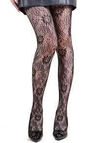 1 双黑色碎花渔网紧身裤，女士薄款蕾丝镂空网格连裤袜，适合春秋季的深色美学，藤蔓图案趣味万圣节/节日 JK 紧身连裤袜，透气透明性感紧身袜 - 黑色 - 查看 3