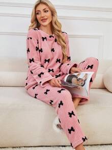 2pcs Women Fairy Style Sleepwear Set, Thermal Lined Long Sleeve Top And Pants, Elegant Bow Decor Homewear Outfit Suitable For Outerwear, Fall Winter Clothes, Fluffy Pajama, Cozy
