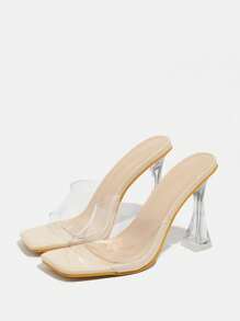 Women's Thick Heel High Heel Slippers Summer Breathable Slip-On Mule Sandals Sexy Transparent Casual Versatile Open Toe Elegant Comfortable Square Toe High Heel Sandals - Apricot - View 4