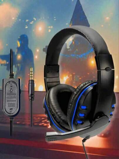 Over-Ear Wired Headphones With Microphone,3.5mm Plug,360° Surround Sound,Suitable  For Smartphone,Tablet,Computer,Game Audio Lc,Cool Cold Light,Skin-Friendly Breathable Cover
