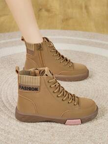 Women's Flat Lace-Up Fashion Western Boots, Lightweight Soft Sole Durable Outdoor Casual Side Zipper Ankle Boots, Autumn/Winter