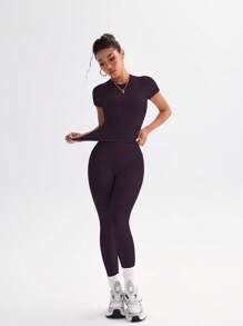 FWH Conjunto de dos piezas de ropa deportiva juvenil de campus: top de unicolor lindo, con cuello redondo, elástico y ajustado; y pantalón de cintura alta, ceñido, casual, de control de abdomen, elegante, versátil, ideal para baile, running, yoga y uso diario.