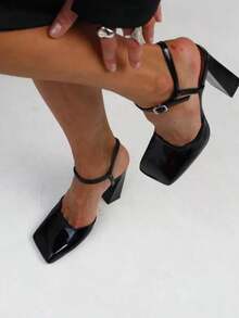 Women Elegant Sandals Square Toe Chunky High Heels Ankle Buckle Strappy Fashion Dressy Backless Versatile Women'S Shoes Summer Autumn - 黑色 - 查看 4