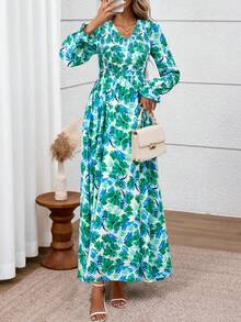 Women's Fall Long-Sleeved Floral Maxi Dress, Casual Pleated V-Neck Bohemian Style A-Line Flowing Maxi Dress, Suitable For Wedding Guests - 白底綠花 - 查看 1