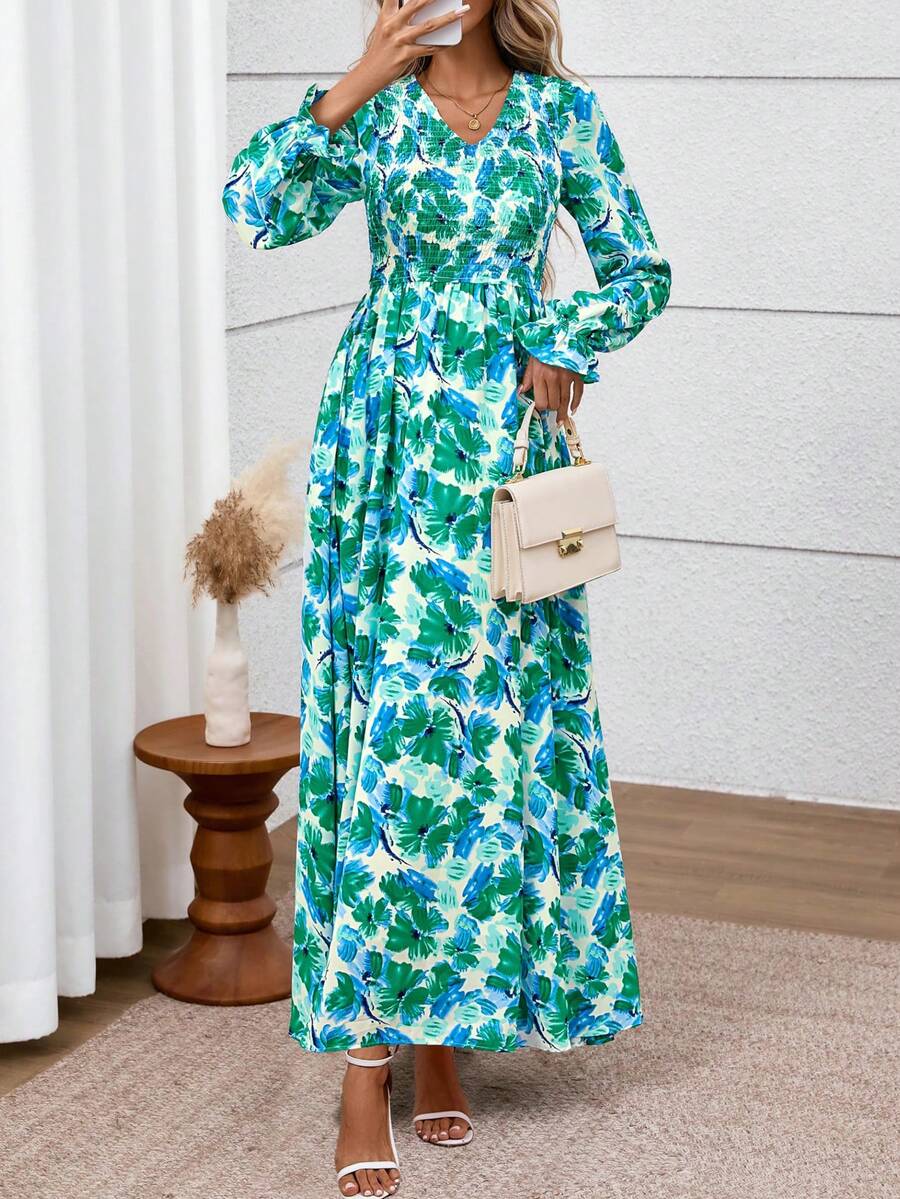 Women's Fall Long-Sleeved Floral Maxi Dress, Casual Pleated V-Neck Bohemian Style A-Line Flowing Maxi Dress, Suitable For Wedding Guests - 白底綠花 - 查看 1