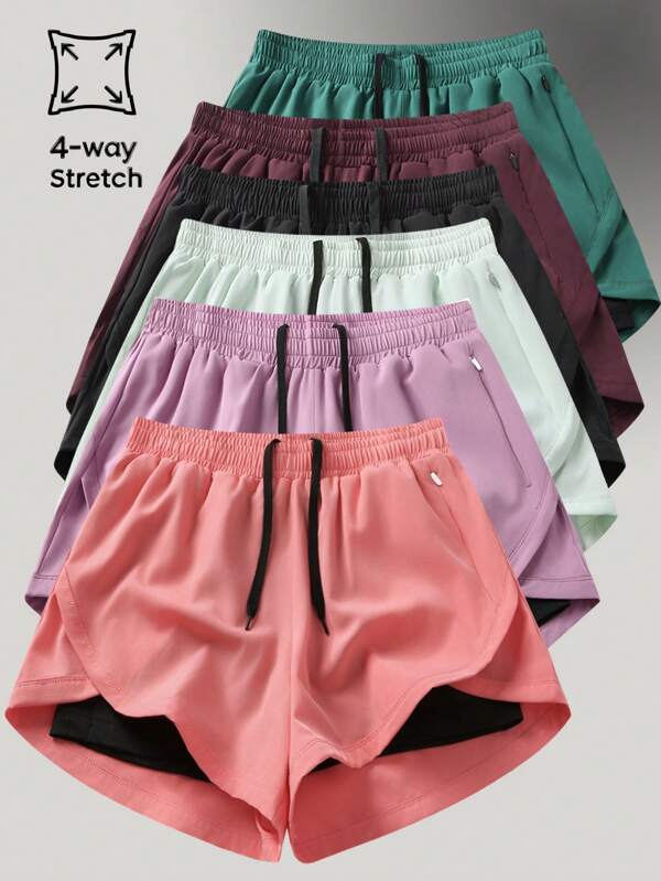 1pc Women's Shorts Solid Color Lining 2 In 1 Sports Pants, Elastic Two Pieces, Suitable For Running, Sports, Yoga, Fitness In Summer