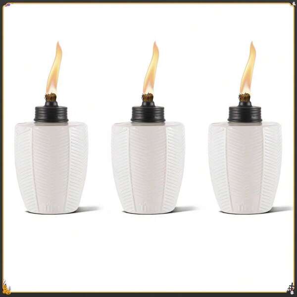 Tiki 3pk Herringbone Tabletop Glass Outdoor Torch Ivory