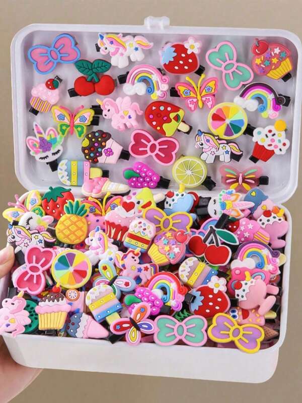 50个/套随机颜色女孩发夹，各种蝴蝶结，水果，动物，卡通花朵风格，简约公主刘海夹，儿童发饰