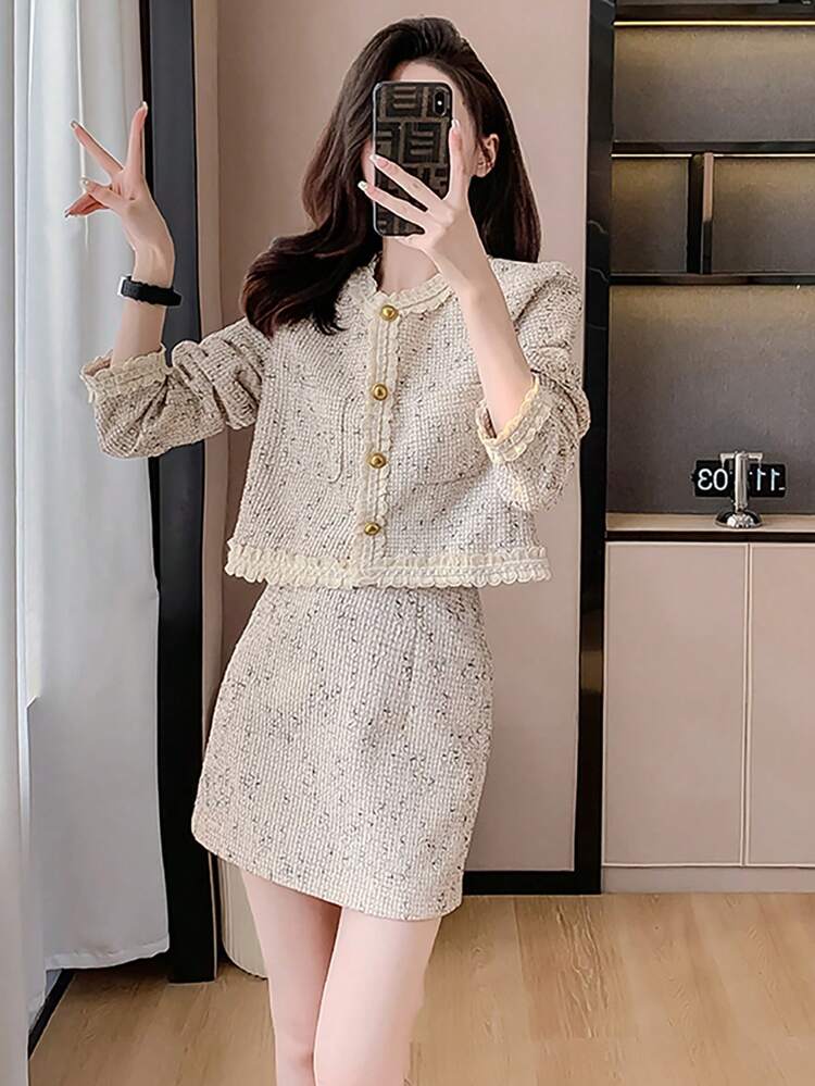 RUIWY 女式春夏薄款前扣长袖优雅蕾丝花边时尚夹克和迷你裙两件套 - 杏色 - 查看 6