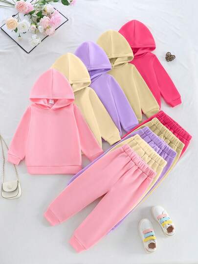 5 Sets (10pcs) Girls & Toddlers Casual Solid Color Soft Knit Fabric Long Sleeve Hoodie & Pants Set, Suitable For Outdoor Wear, Autumn/Winter