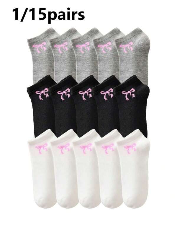 1/15 Paar Damen Schleifen Muster Kurze Socken, Schwarz/Weiß/Grau, Weich & Bequem, Lässig & Modisch, Geeignet für Alltag oder Outdoor Tragen