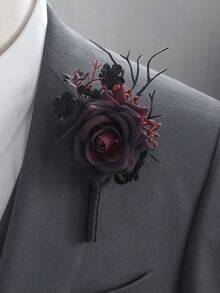 1 peça de boutonnière vintage preto e vermelho para homem, perfeita para casamentos românticos em tons escuros, corsage de flores artificiais pretas para casamento gótico, corsage elegante para casamento em tons escuros, baile de formatura, cerimônia de boas-vindas, aniversário, jantar, acessórios vintage para casamento no outono e Dia dos Namorados.