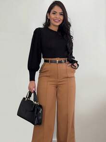 纯黑色高腰阔腿裤，一件装，优雅休闲，宽松版型，适合日常工作、约会等各种场合，四季皆宜，春季款 - 卡其色 - 查看 4