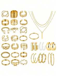 92/58/56/37 件女士时尚首饰套装，包括精致的蝴蝶、心形、星星、月亮项链，优雅的人造珍珠耳钉，朋克复古几何方形、C 形耳环，迷人的耳环、项链、手链套装，精美的节日礼物 - 彩色 - 查看 11