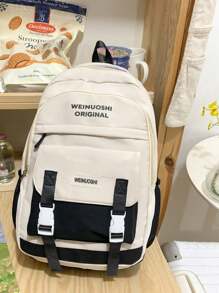 SLIN&LXZQ Letter Graphic Classic Backpack With Cartoon Charm Preppy Badge Decor For School - Black - View 4