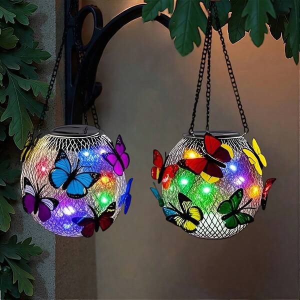 2pcs Solar-Powered Butterfly Lanterns - Vibrant Metal Hanging Outdoor Lights With Colorful Butterfly Designs, Perfect For Fences, Porches, Walls, Gardens, And Yard Decor - Ideal Holiday Gift For Family And Friends, Solar Outdoor Decorations