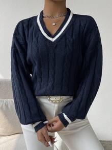 Women's Fall Striped Cable Knit Drop-Shoulder Long-Sleeve Sweater Top Clothing