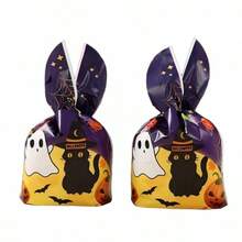 50pcs Halloween Gift Bags, Halloween Packaging Bags, Halloween Candy Bags, Halloween Decorations, Halloween Queue Supplies, 8.66*5.12inch, Cute Black Cat & Rabbit Ear Creative Design, Colorful Halloween Decorations, Suitable For Candy And Gift Packaging, Holiday Decorations