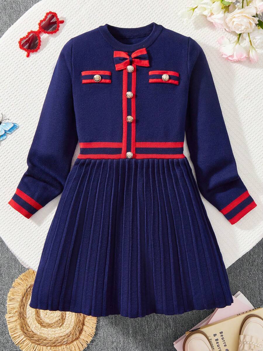 Girls' Sweater Dress, Fashionable Elegant British Style Contrast Color Bow Fake Pocket Round Neck Long Sleeve Princess Dress, Suitable For 3-11 Years Old Girls, A-Line Pleated Skirt, Warm Knitted Dress For Autumn/Winter - Navy Blue - View 1