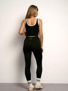 PinkTip Women's Autumn Yoga Dance Pilates 3 Pieces Set, Solid Color Seamless Elastic Sports Vest, Casual Minimalist Outerwear Long Sleeve Sports Jacket, Fitness Running Training Outdoor Sports Flared Pants - Black - View 5