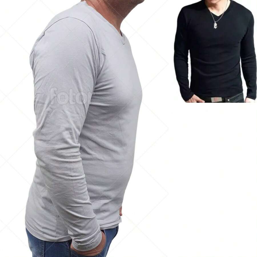 Kit 2 Men's Long Sleeve Shirts 100% Cotton - Black and Gray - View 1