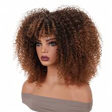 16 Inch Curly Wig Afro Curly Wigs For Women Afro Kinky Curly Wig With Bangs Full And Fluffy Glueless Wigs Synthetic Hair Replacement Wigs For Cosplay And Daily - Màu nâu ombre - Xem 4