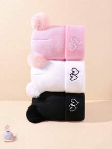 3 Pieces Set Of Solid-Color Warm Knitted Caps For Babies, Girls And Boys In Autumn And Winter, With Heart-Shaped Embroidery Design, Suitable For Warm Family Party Gifts For Babies