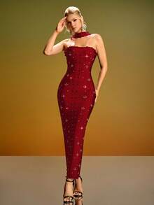 Elegant Asymmetric Rhinestone Pleated Formal Evening Gown For Party, Wedding Spring Red Fall - Red - View 3